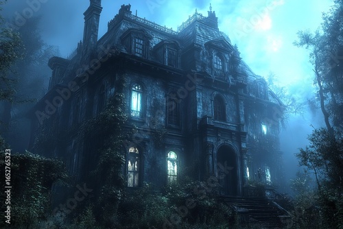 Spooky abandoned mansion with glowing windows and thick fog in eerie forest