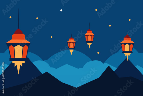  group of lanterns rising over distant mountains