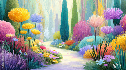 A vibrant illustration of a sunlit garden filled with colorful flowers, perfect for nature-themed projects.