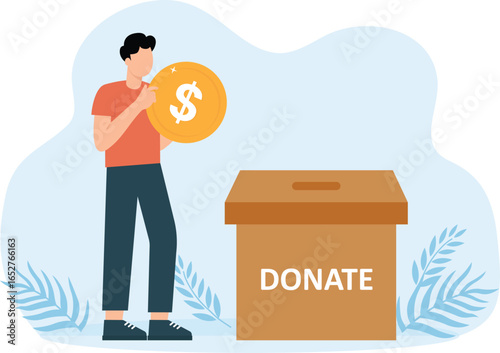 Two business throws gold coin in a box for donations. Donate, giving money concept
