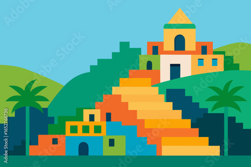  hillside tropical city with stepped colorful archi