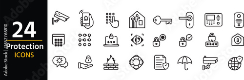 Protection Icon Set: A modern set of 24 protection icons, each meticulously crafted to convey the essence of security, safety, and peace of mind. Perfect for use in digital and print projects.