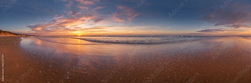Fototapeta premium A panoramic view of a beach at sunset showing the reflection of the sky in the wet sand and ocean water