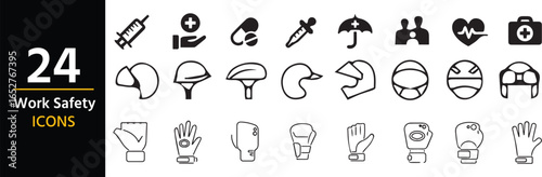 Safety Icon Set: A meticulously crafted collection of work safety icons, encompassing diverse tools, protective gears, and symbols that stand for preparedness, health, and hazard prevention.