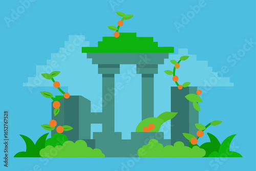  island temple ruins overgrown with flowering vines