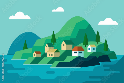  island village on a bay with emerald hills
