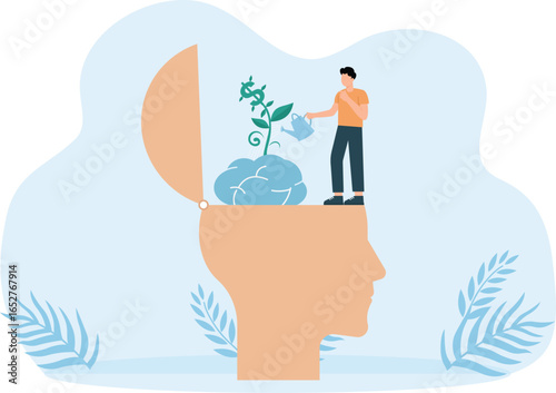 Doctor Watering plants with big brain growth mindset concept
