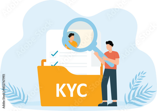 KYC or know your customer with business verifying the identity of its clients concept at the partners-to-be through a magnifying glass concept
