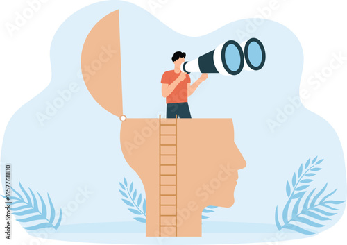 Visionary concept businessman holding huge tourists binocular to see future for observation, discovery ,opportunity, challenge for clear vision on head concept
