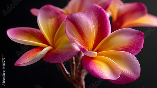 Close-up of vibrant plumeria blossoms, displaying a gradient of pink and yellow hues against a dark background.