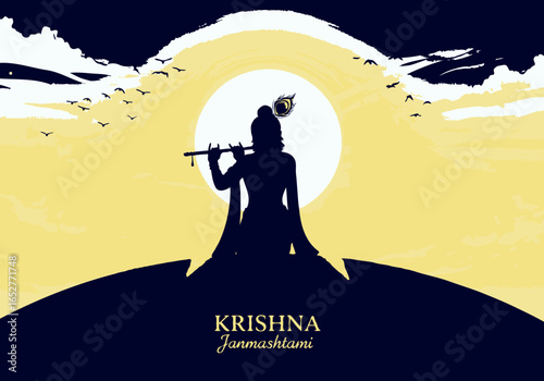 Silhouette of Krishna playing flute against a yellow sun, birds flying, dark blue ground, stylized, serene, spiritual, graphic design, distant viewpoint.

