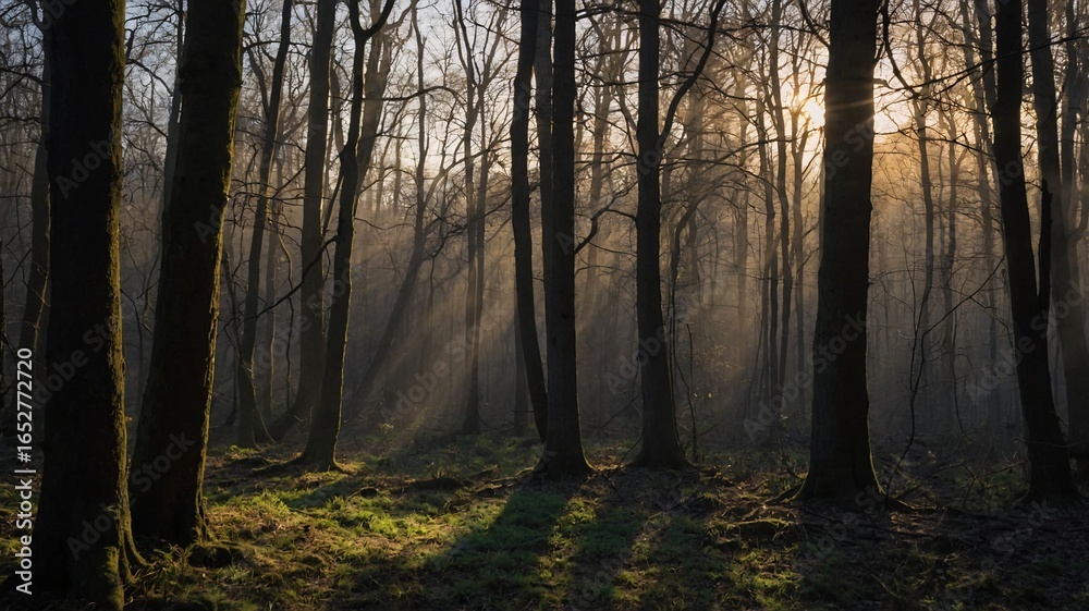 Fototapeta premium Serene forest in early morning haze, sunlight filtering through bare trees, casting beautiful shadows on the vibrant ground.