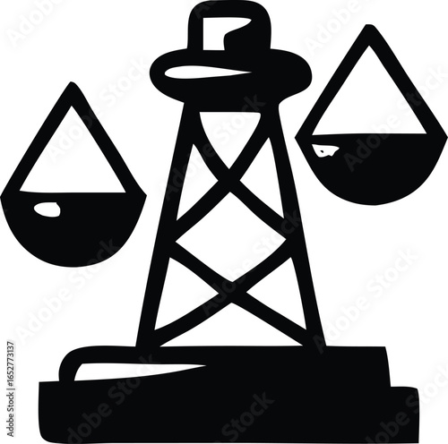 Oil rig scales weighing droplets of oil representing the balance of the petroleum industry and its economic impact