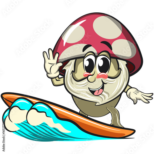 cute mushroom character cartoon mascot vector illustration surfing riding the waves, work of hand drawn