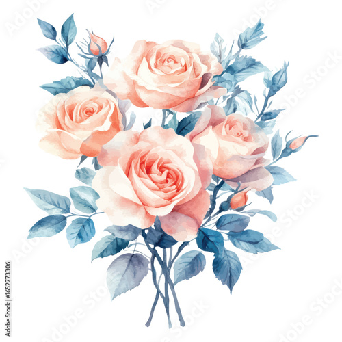 Watercolor bouquet of peach roses with blue leaves on white background