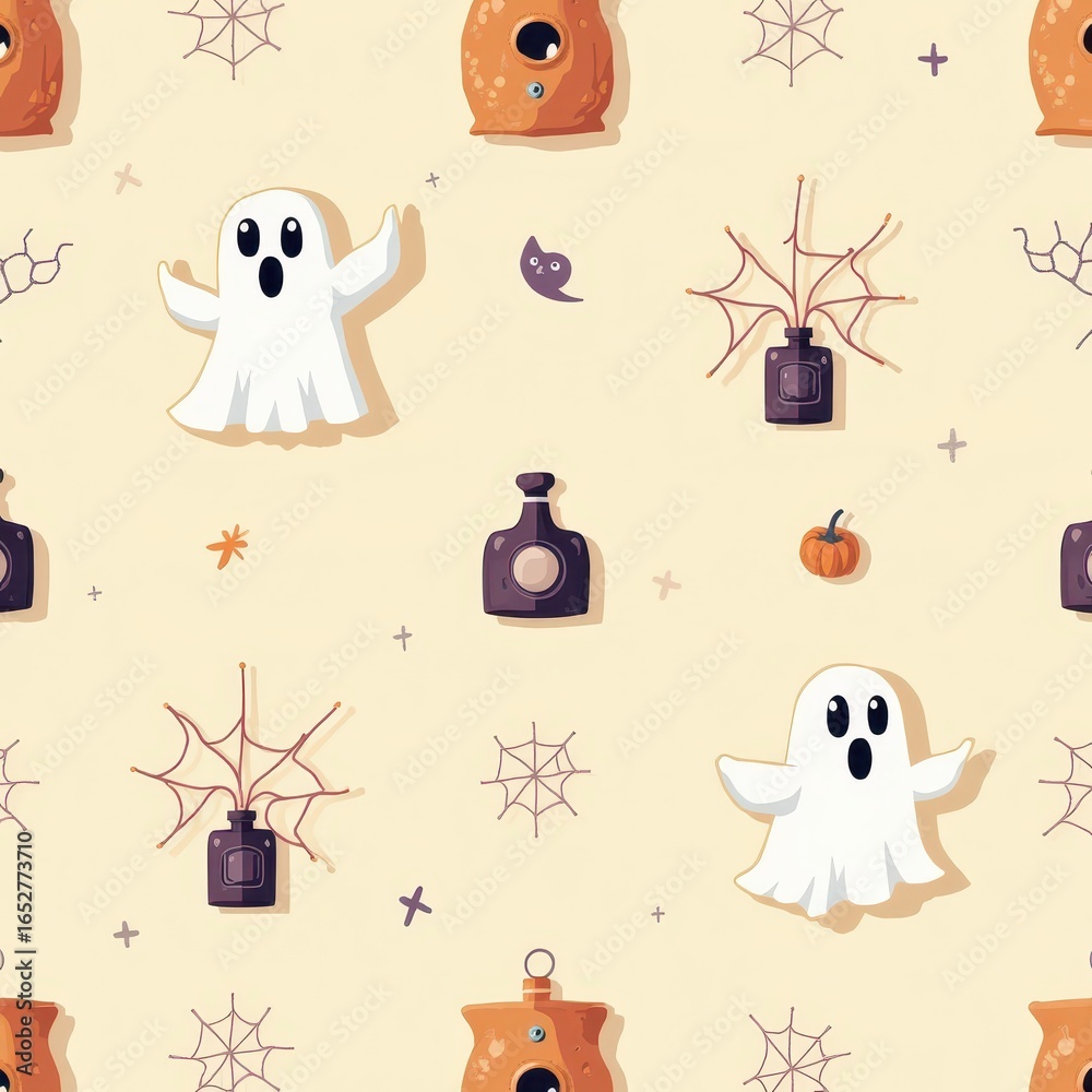 Fototapeta premium Whimsical Pattern with Ghosts, Spiders, Pumpkin, and Potion Bottles Perfect for Halloween Celebrations and Festive Decorations for All Ages