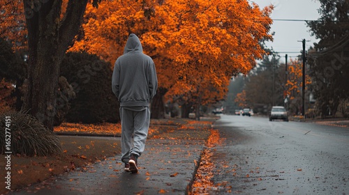 A man is walking down the street, wearing a hoodie and sweatpants. The trees beside him have orange leaves that stand out against an overcast sky