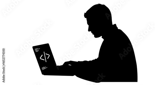 transparent background silhouette coder working on laptop isolated