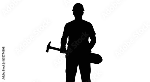 transparent background silhouette construction worker with hammer and shovel