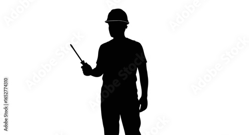 transparent background silhouette construction worker with radio for design projects