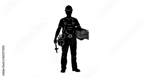 transparent background silhouette construction worker with tools materials