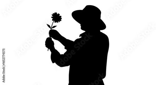 transparent background silhouette gardener offering flower isolated png