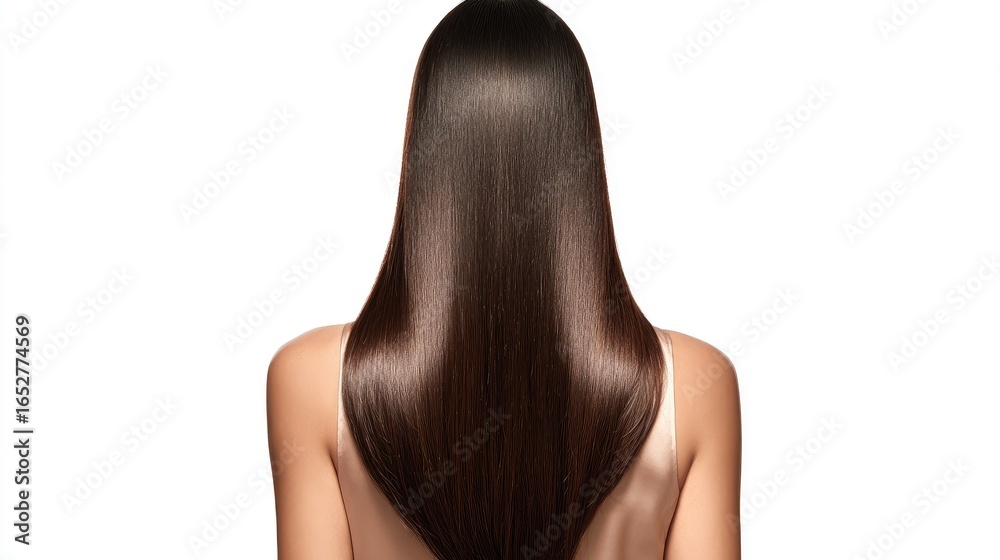 Naklejka premium Photograph of the back view, long straight hair with a middle parting and a shiny, light brown color