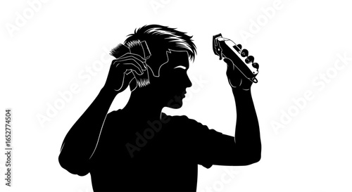 transparent background silhouette man getting haircut with clippers
