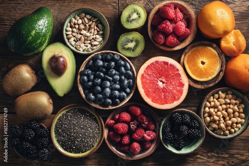 Assorted fresh fruits and seeds arranged on a wooden surface.  Small bowls holding various produce