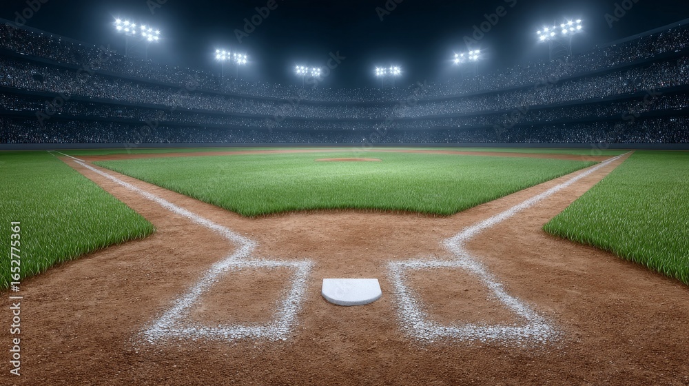 Fototapeta premium New year baseball celebration at night in stadium with bright lights on field