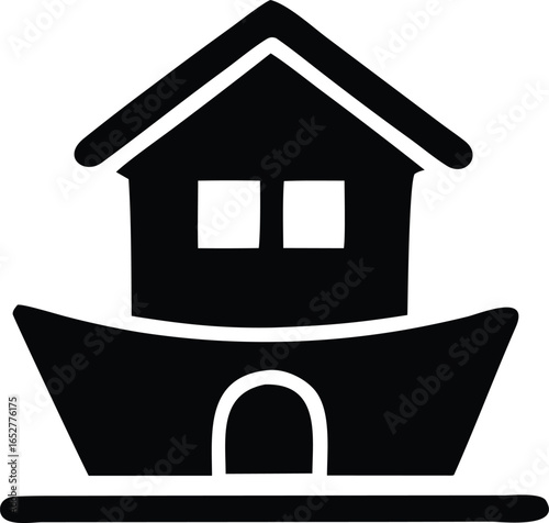 Stylized silhouette of a traditional noah s ark design with a simple house structure on top