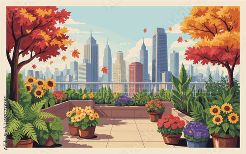 Flat vector illustration of a rooftop garden oasis in autumn with maple trees, ferns, sunflowers, and pansies above modern skyscrapers, bright playful style, warm inviting city scene