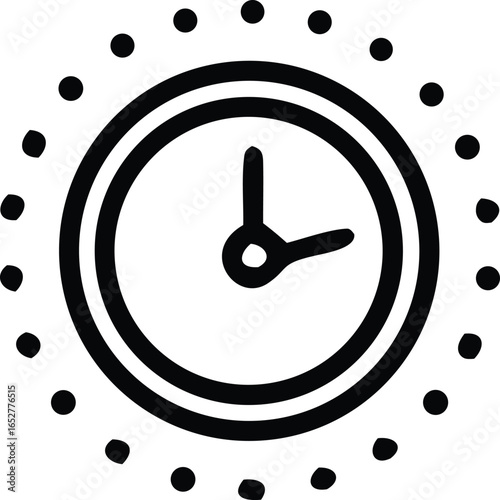 Simple hand drawn clock face with hour and minute hands showing approximately two o clock surrounded by dots