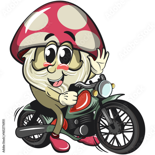 cute mushroom character cartoon mascot vector illustration riding a big motorcycle, work of hand drawn