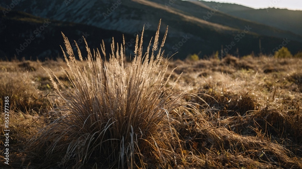 Fototapeta premium Close-up of golden grass in a sunlit meadow, creating a serene atmosphere amidst the mountains.