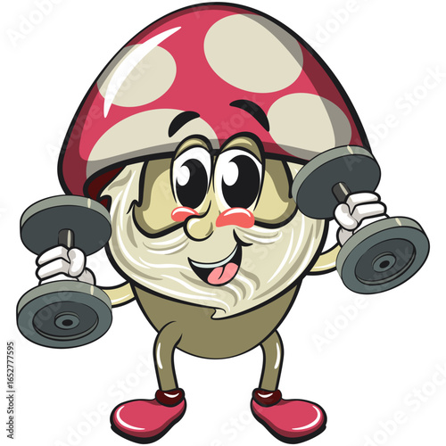cute mushroom character cartoon mascot vector illustration doing barbell lifting workout, work of hand drawn