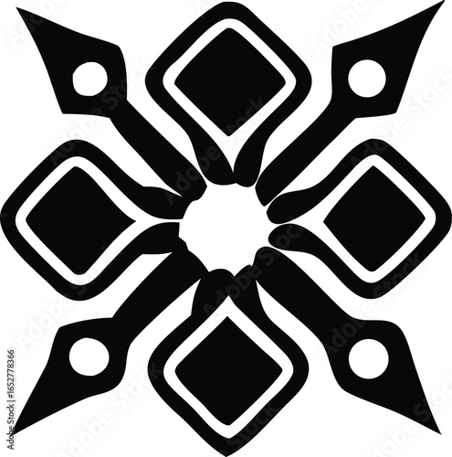 Intricate black and white geometric mandala design with diamond shapes and circular accents