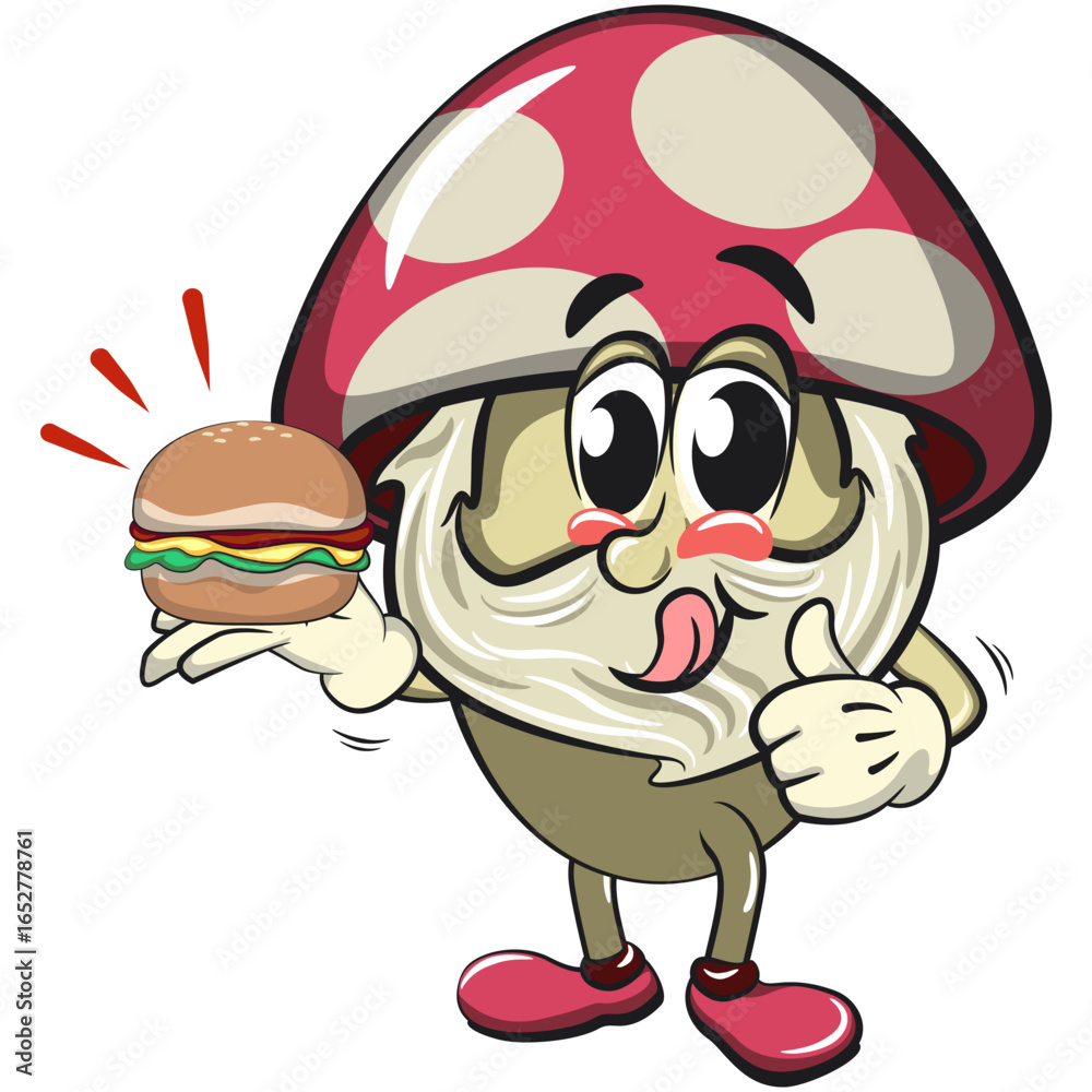 Naklejka premium cute mushroom character cartoon mascot vector illustration carrying a burger while giving a thumbs up, work of hand drawn