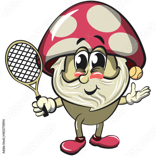 cute mushroom character cartoon mascot vector illustration playing tennis, work of hand drawn