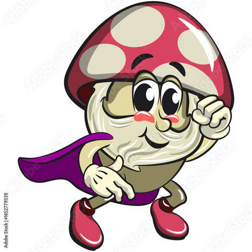 cute mushroom character cartoon mascot vector illustration as flying superhero wearing a robe, work of hand drawn