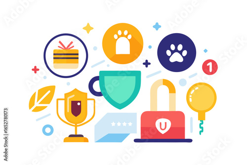 Collection of flat design icons representing rewards security and pets