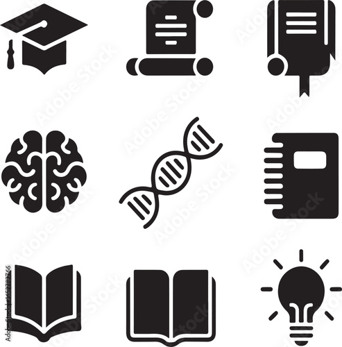 “Education and Knowledge Icons – Graduation Cap, Diploma, Brain, DNA, Books, Light Bulb Vector Set”