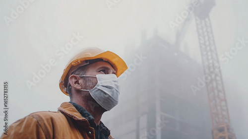 Close-up of a determined construction worker in a dirty mask and hard hat, looking towards a hazy, busy job site with a crane in the distance