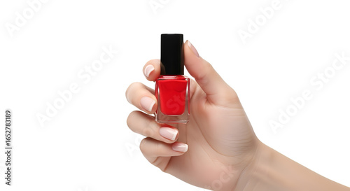 Hand Holding Red Nail Polish Bottle with French Manicured Nails 1.