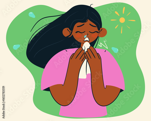 Girl sneeze in handkerchief due to seasonal allergies. Sick woman suffer from allergies during the summer period. Isolated vector illustration.