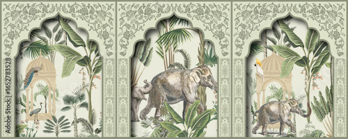 Beautiful Mughal arch, palace, peacocks, elephant,  garden, jungle, illustration. Chinoiseries peacock, Birds Palace garden royal Wallpaper. moroccan decorative, Indian Punjabi Rajasthani art vector