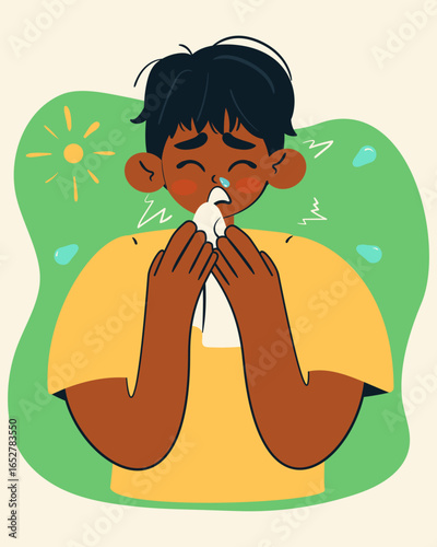 Boy sneeze in handkerchief due to seasonal allergies. Sick man suffer from allergies during the summer period. Isolated vector illustration.