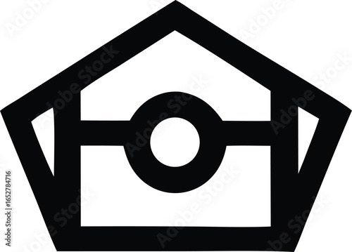 Abstract geometric symbol featuring a black pentagon with a stylized oval and horizontal bar inside representing a modern emblem