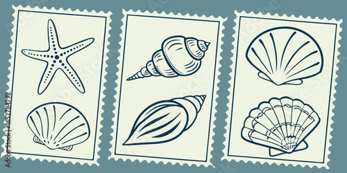 Set of ocean stamps with seashells and starfish