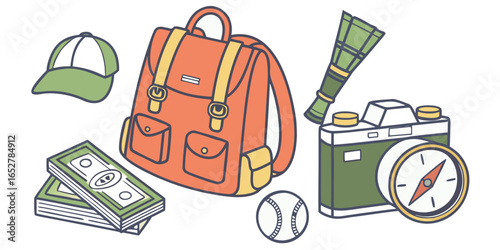 Illustration of travel essentials including a backpack, camera, money, and other accessories isolated on white background
